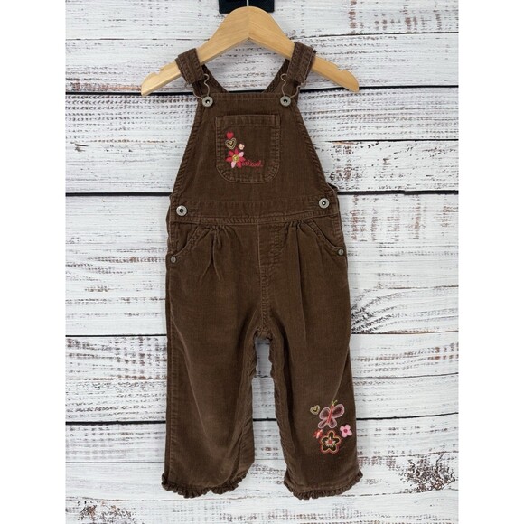 Vintage Oshkosh B’Gosh Brown Floral Embroidered Corduroy Overalls Girls 18 Month - Picture 1 of 4